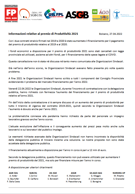 Info Leistungslohn 2021 - Premio produttività 2021